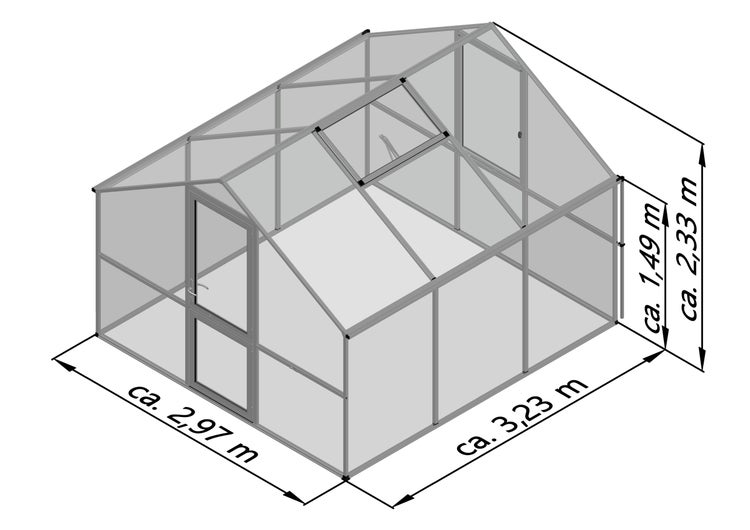Gewächshaus mit Satteldach, Tür, Dachfenster. Maße: circa 2,97 Meter breit, 3,23 Meter tief, 1,49 Meter Seitenhöhe, 2,33 Meter Gesamthöhe.
