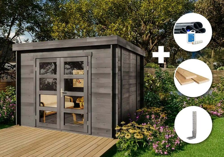 Modernes graues Gartenhaus aus Holz mit Doppeltür, inklusive EPDM-Dachfolien-Set, Fußbodenbrettern und Montagewinkeln im Garten.