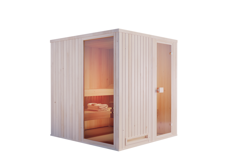 Freistehende Saunakabine aus hellem Holz in einem modernen Badezimmer mit Badewanne und Mosaikfliesen.