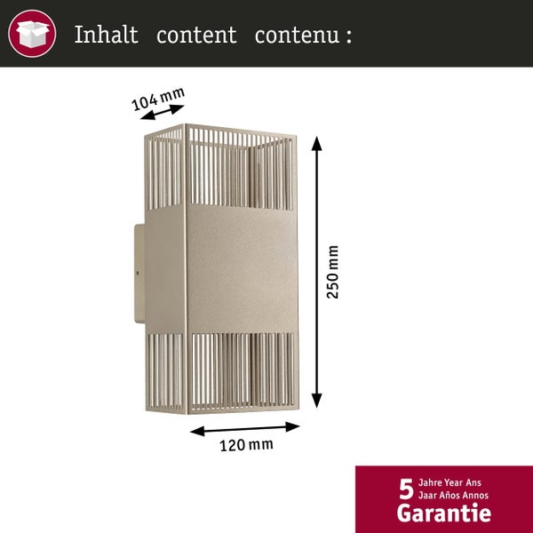 Zwei Wandleuchten Tharin aus Edelstahl mit Schutzart IP44 fuer den Innen und Außenbereich montiert an einer Hauswand mit Lichtkegeln