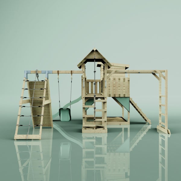 Spielplatz mit Schaukel, Rutsche, Kletterwand und Sandkasten aus Holz