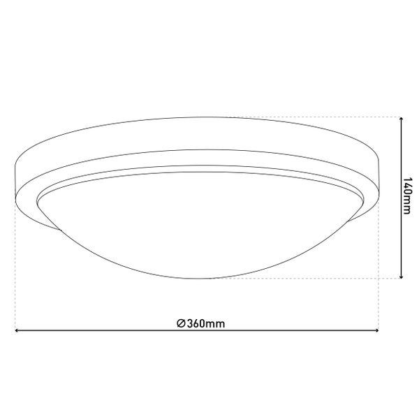 Abmessungen einer Deckenleuchte: Durchmesser 360 mm, Höhe 140 mm