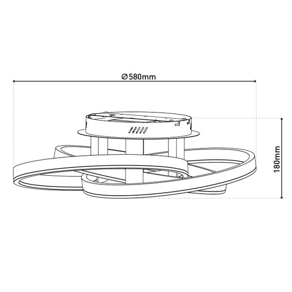 Technische Zeichnung einer Deckenleuchte mit den Maßen 580 Millimeter Durchmesser und 180 Millimeter Höhe.
