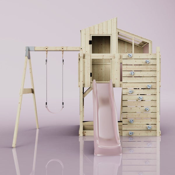 Spielturm aus Holz mit Schaukel, Rutsche und Kletterwand für den Garten