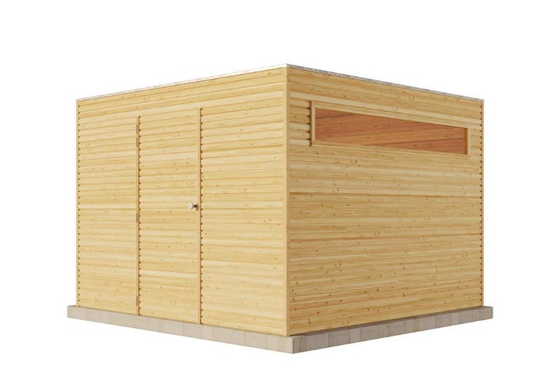 Modernes Gartenhaus aus Holz mit Flachdach, einer Tür und einem schmalen horizontalen Fenster.