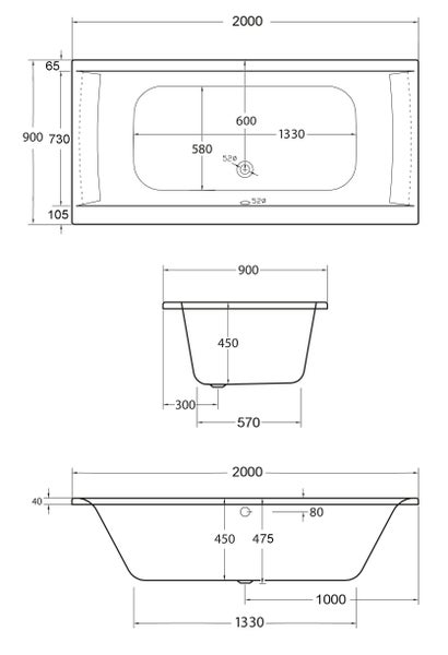 Technische Zeichnung einer Badewanne mit Maßen