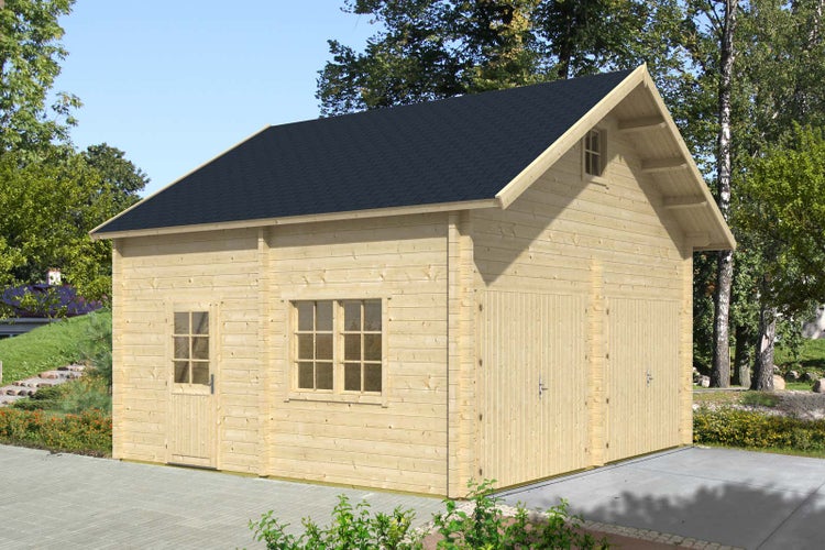 Holzgarage mit Doppeltür, Fenstern und Satteldach im Garten