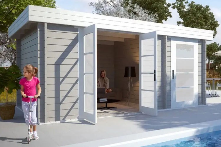 Alpholz Gartenhaus Modern-E Gartenhaus aus Holz in Pinie, Holzhaus mit 44 mm Wandstärke, Blockbohlenhaus mit Montagematerial imprägniert 4,7x3,2m