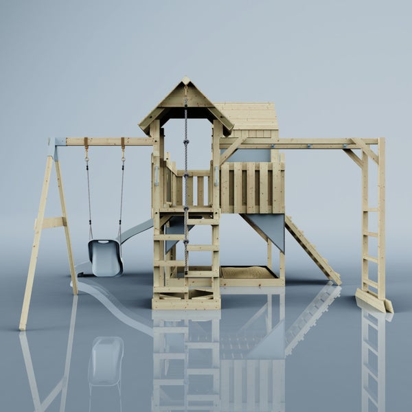 Spielturm aus Holz mit Schaukel, Rutsche, Kletterwand und Sandkasten