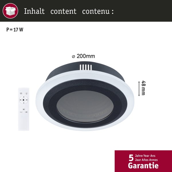 LED Deckenleuchte mit 17 Watt Leistung, 200 Millimeter Durchmesser, 48 Millimeter Höhe und Fernbedienung inklusive 5 Jahre Garantie.