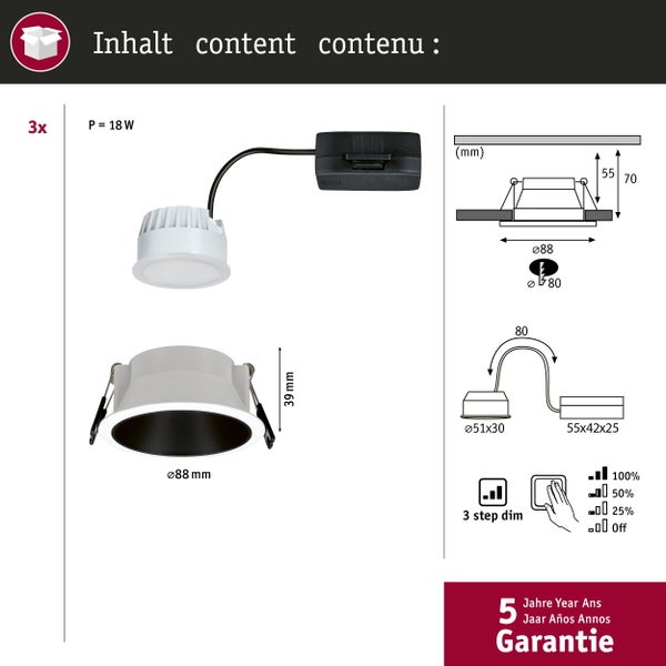 Dreier Set LED Einbaustrahler mit 18 Watt Leistung und dreistufiger Dimmfunktion sowie 5 Jahren Garantie.