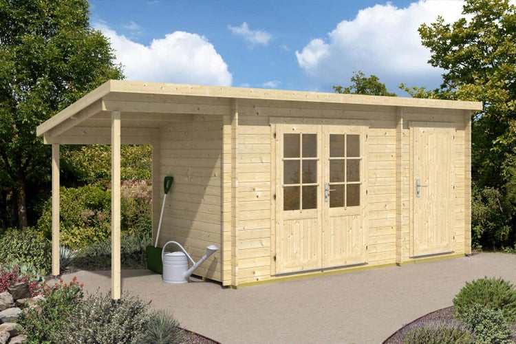 Alpholz Gartenhaus Martina-28 mit Anbau aus Massiv-Holz, Gerätehaus mit 28 mm Wandstärke, Garten Holzhaus inklusive Montagematerial, Geräteschuppen Größe: 450 x 350 cm, Satteldach