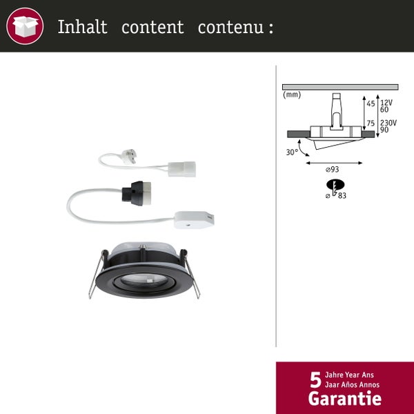 Einbauleuchte mit Montageanleitung und Maßangaben sowie fünf Jahre Garantie