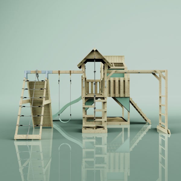 Spielplatz aus Holz mit Rutsche, Schaukel und Kletterwand