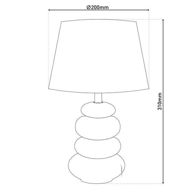 Skizze einer Tischleuchte mit den Maßen 200 mm Durchmesser und 310 mm Höhe.