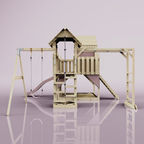 Spielplatz mit Schaukel, Rutsche, Sandkasten und Kletterwand aus Holz