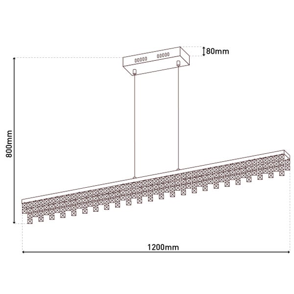 Technische Zeichnung einer Pendelleuchte mit den Maßen 1200 mm Breite, 800 mm Höhe und 80 mm Tiefe.