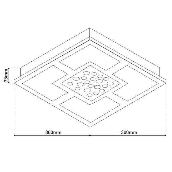 Technische Zeichnung einer quadratischen Deckenleuchte mit den Maßen 300 mm x 300 mm und einer Höhe von 75 mm.