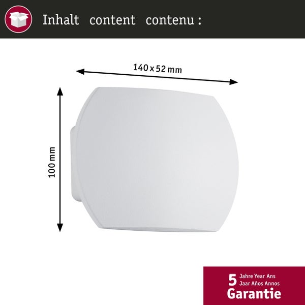Technische Zeichnung einer Wandleuchte mit Maßen 140 mal 52 mal 100 Millimeter und 5 Jahre Garantie.