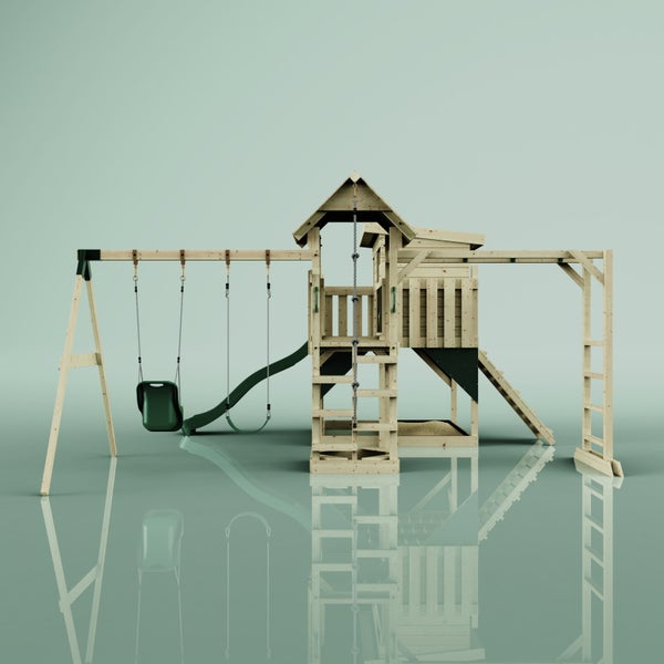 Spielplatz mit Schaukel, Rutsche, Kletterturm und Sandkasten aus Holz