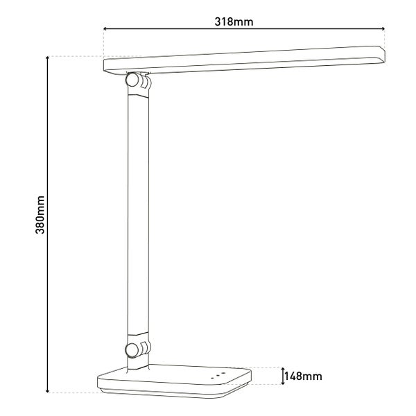 Abbildung einer Schreibtischleuchte mit den Maßen 318 mm Breite, 380 mm Höhe und 148 mm Tiefe