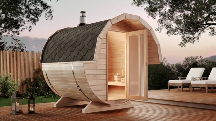 Schnittzeichnung einer Fasssauna aus Holz mit Maßangaben in Millimeter für die Außenmaße und den Innenbereich mit Sitzbänken.