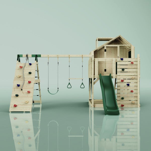 Spielplatz mit Kletterwand, Schaukel und Rutsche aus Holz