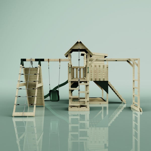 Spielturm aus Holz mit Rutsche, Schaukel und Kletterwand für den Garten