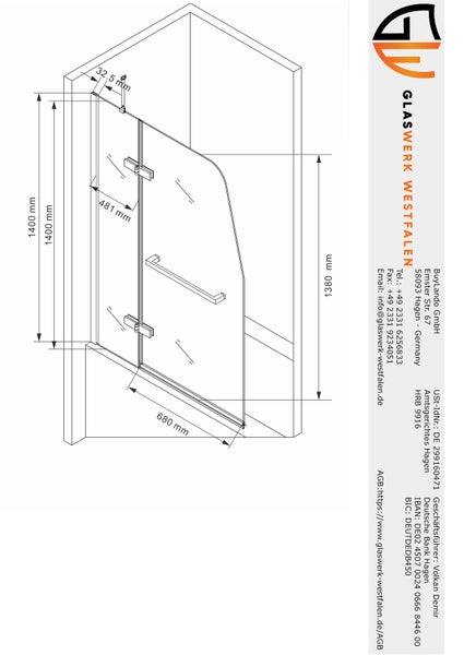 Technische Zeichnung einer Duschkabine mit Maßen