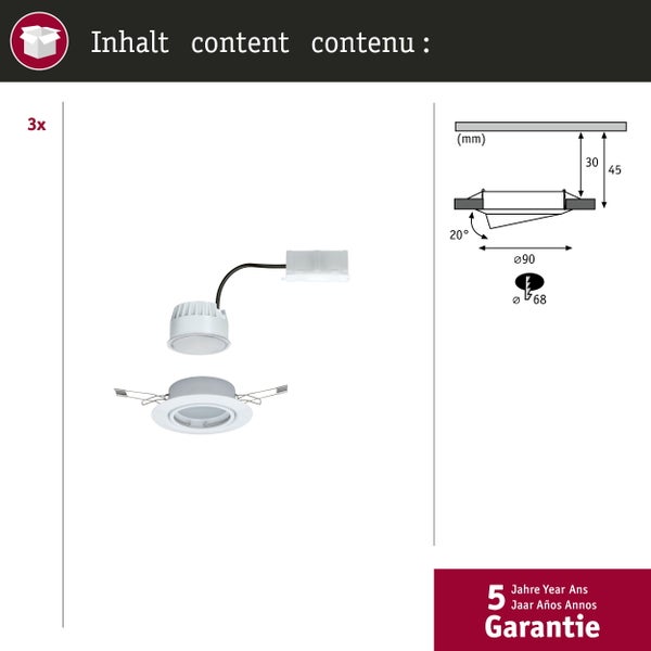 Set aus drei Einbaustrahlern mit technischen Maßangaben und fünf Jahren Garantie