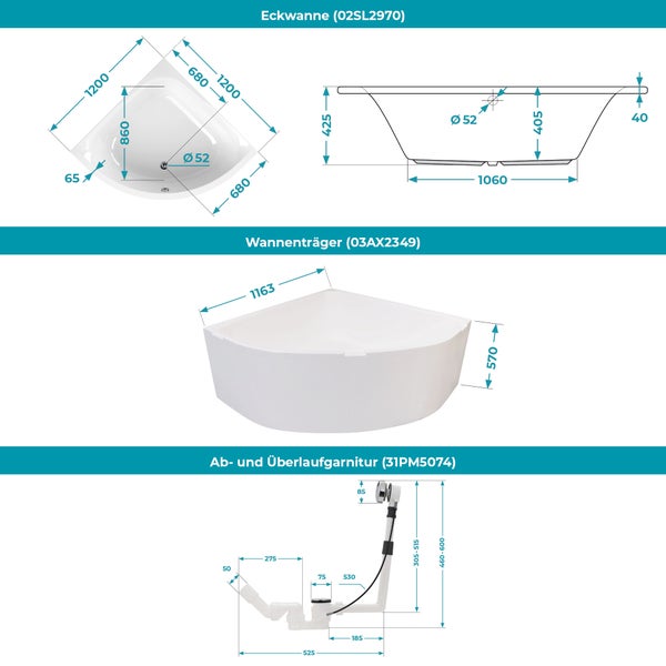 Calmwaters® Eckbadewanne Komplettset 120x120 cm mit Wannenträger & Ablaufgarnitur, Acrylwanne Modern Small 2, Duo-Badewanne für 2, Set Badewanne komplett, Eckwanne 120 x 120 cm, Weiß, 99000046