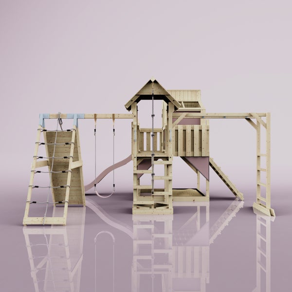 Spielplatz mit Schaukel, Rutsche, Sandkasten und Kletterwand aus Holz