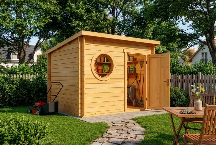 Modernes Gartenhaus aus Holz mit Pultdach und rundem Fenster, offene Tür zeigt Gartengeräte, im gepflegten Garten mit Rasenmäher und Sitzgruppe.