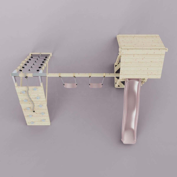 Spielturm aus Holz mit Rutsche, zwei Schaukeln, Kletterwand und Kletternetz in der Draufsicht.