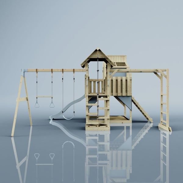 Spielturm aus Holz mit Schaukel, Rutsche und Kletterelementen für den Garten