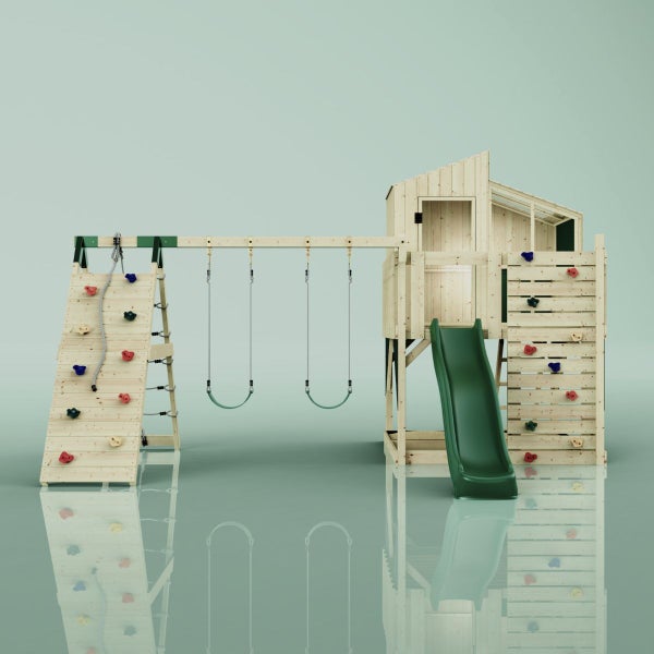 Spielturm aus Holz mit Schaukeln, Rutsche und Kletterwand für den Garten