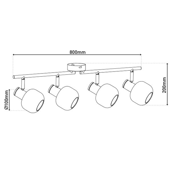 Technische Zeichnung einer Deckenleuchte mit vier Strahlern und Abmessungen