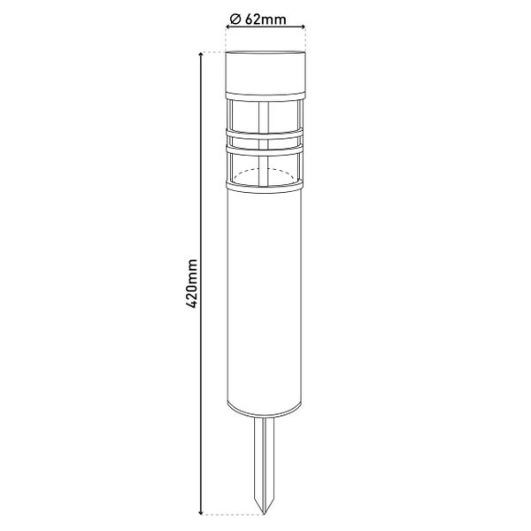 Abmessungen einer Gartenleuchte: 420 mm hoch, 62 mm Durchmesser.