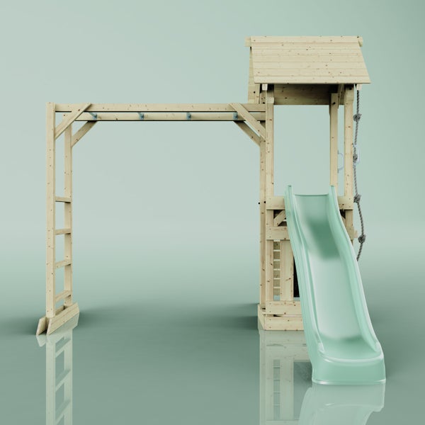 Holzspielturm mit Rutsche, Kletterwand und Reckstange für den Garten