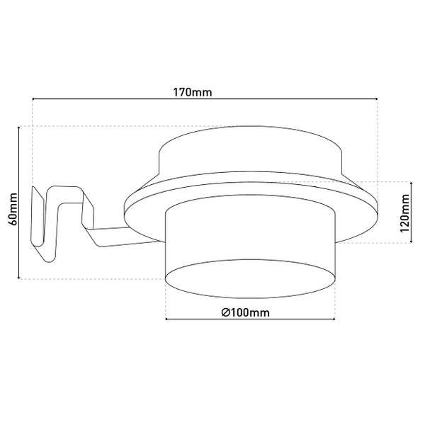 Technische Zeichnung einer Solarleuchte mit den Maßen 170 mm Länge, 120 mm Höhe, 60 mm Breite und 100 mm Durchmesser