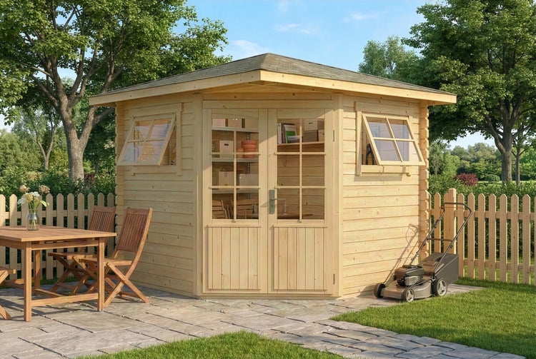Eck-Gartenhaus aus Holz mit Doppeltür und Fenstern in einem Garten mit Terrasse, Holzmöbeln und Rasenmäher.