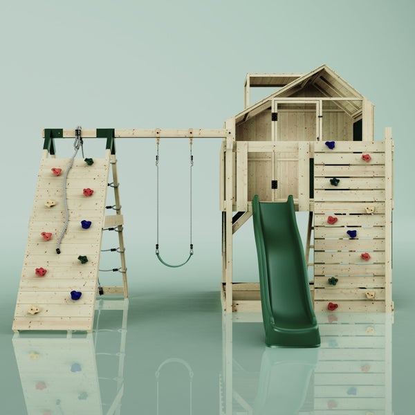 Spielplatz mit Kletterwand, Schaukel und Rutsche aus Holz
