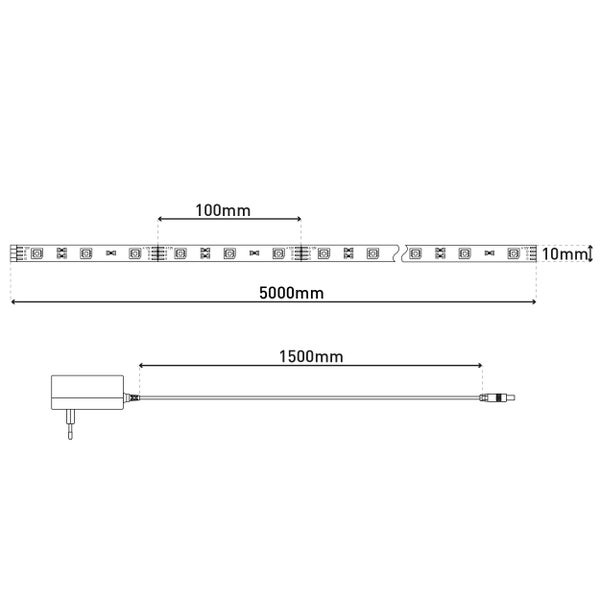 Abbildung einer LED-Leiste mit den Maßen 5000 mm Länge, 10 mm Breite und einer Abschnittslänge von 100 mm sowie einem 1500 mm langen Kabel mit Netzteil.