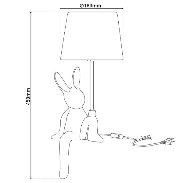 Technische Zeichnung einer Tischleuchte mit Hasenfuß, 450 mm hoch und einem Schirmdurchmesser von 180 mm.