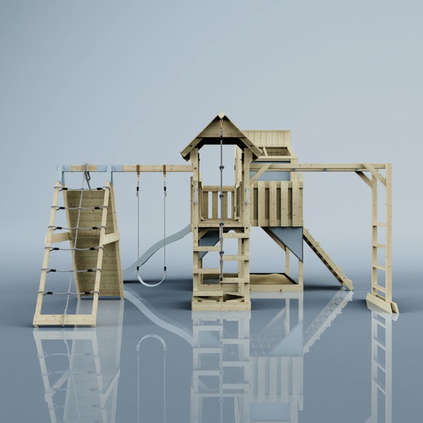 Spielturm mit Rutsche, Schaukel und Kletterwand aus Holz