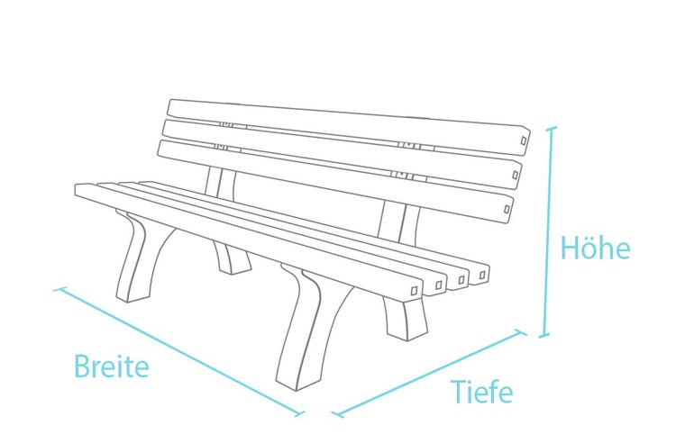 Skizze einer Gartenbank mit Bemaßung von Breite, Tiefe und Höhe zur Veranschaulichung der Produktmaße.