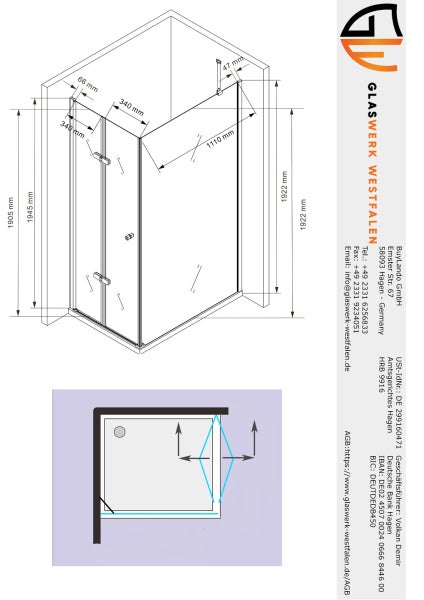 Technische Zeichnung einer Duschkabine mit Maßangaben