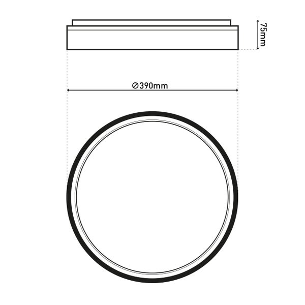 Technische Zeichnung einer Deckenleuchte mit den Maßen 390 Millimeter Durchmesser und 75 Millimeter Höhe
