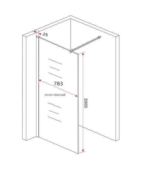 Technische Zeichnung einer Duschkabine mit Maßangaben