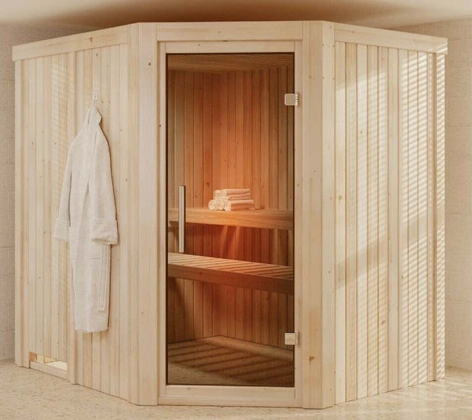 FinnTherm Innensauna Ria mit Eckeinstieg aus Holz Innensauna mit 68 mm Wandstärke Saunakabine Infrarotsauna